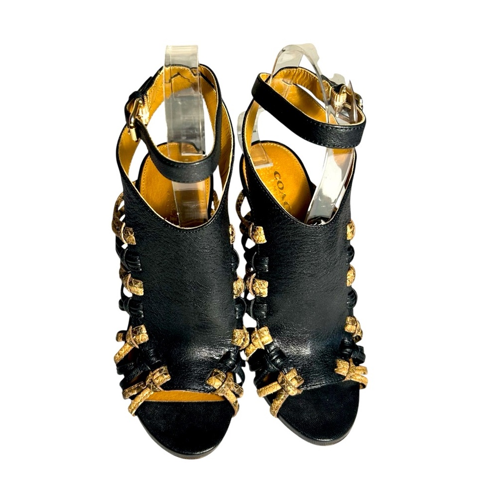 COACH Jody Heeled Leather Ankle Strap Sandals Black and Tan Sz 5
